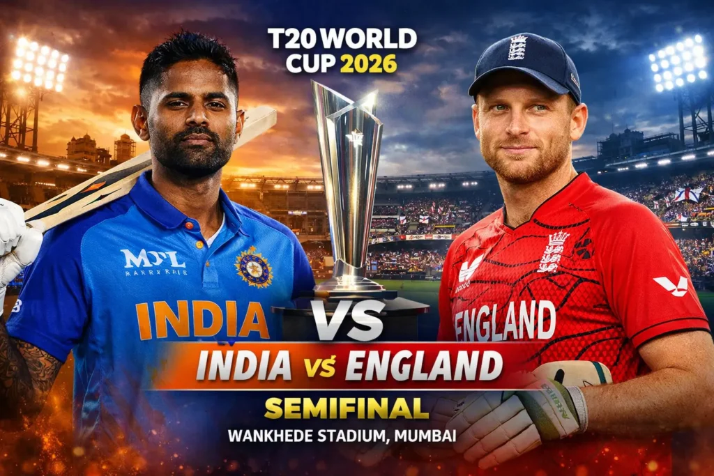 India vs England semifinal T20 World Cup 2026 at Wankhede Stadium Mumbai featuring Suryakumar Yadav and Jos Buttler