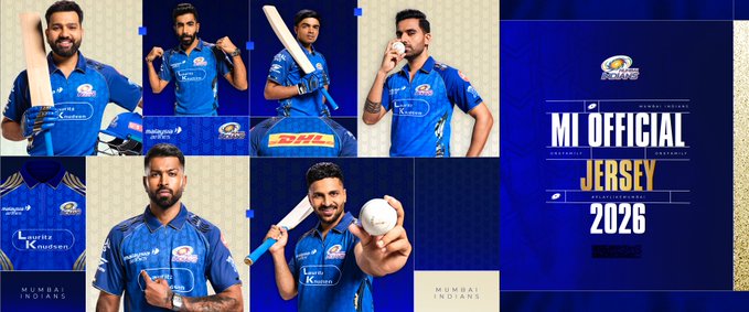 हार्दिक पांड्या, रोहित शर्मा और जसप्रीत बुमराह मुंबई इंडियंस की IPL 2026 वाली नई जर्सी पहने हुए, जर्सी पर नीला रंग और सुनहरा 'M' पैटर्न साफ दिख रहा है